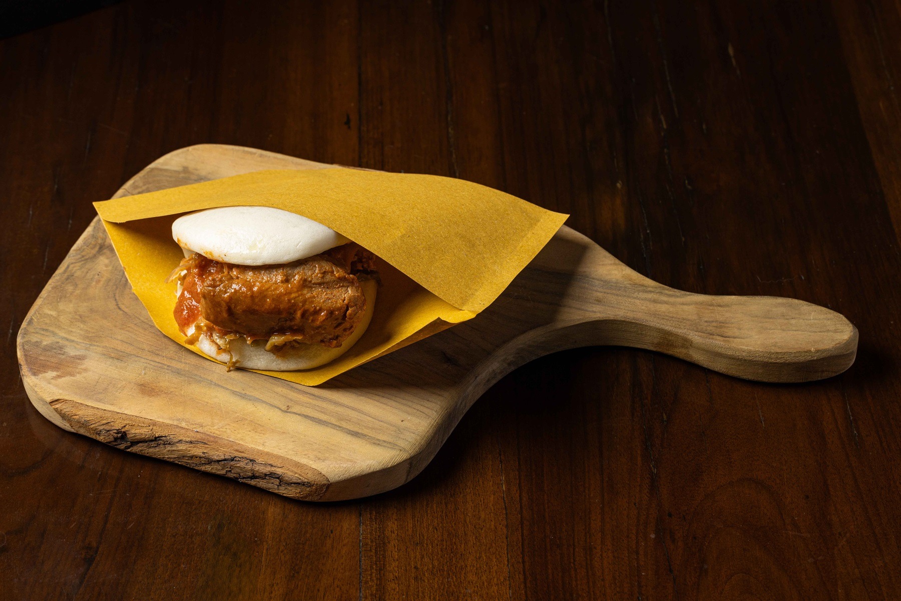 Bao buns with pork belly and tomato ketchup